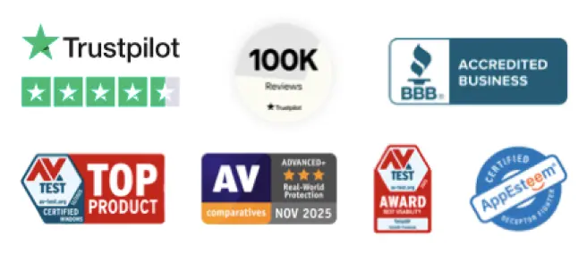 Insignias de confianza — Trustpilot, BBB, AV-Test, AV Comparatives, AppEsteem